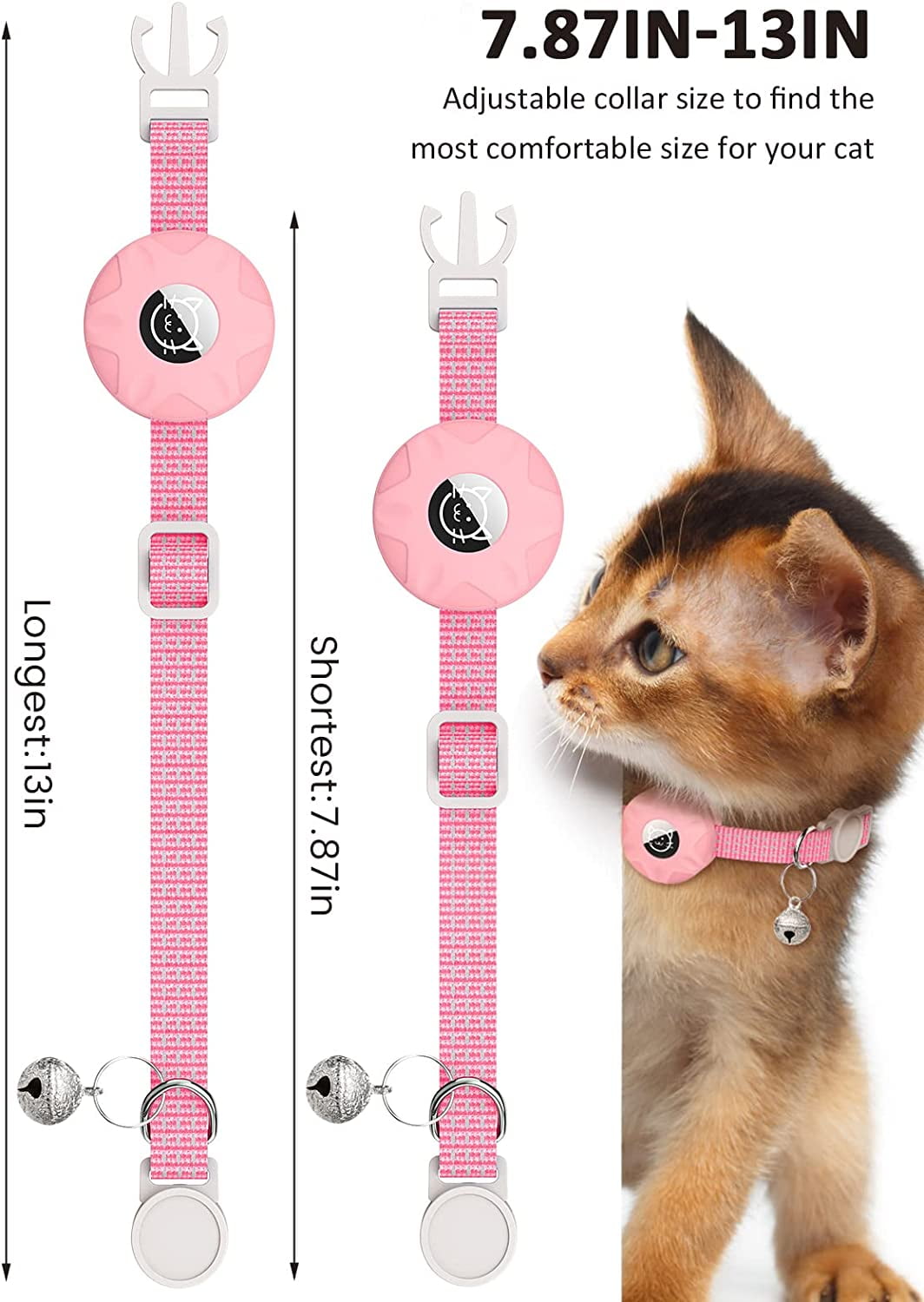 AirTag Cat Collar, Reflective Kitten Collar Breakaway Apple Air Tag Cat Collar, GPS Cat Collar with AirTag Holder and Bell, Lightweight Tracker Cat Collars for Girl Boy Cats Kittens Puppies(Pink)