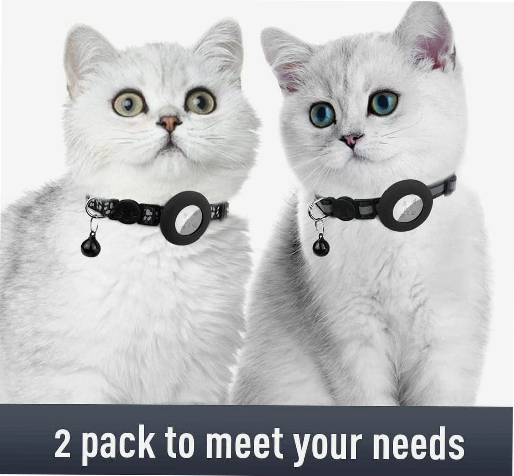 2 Pack Airtag Cat Collars, Reflective Cat Collar with Silicone Airtag Holder and Bell, Breakaway Cat Collars with Round Safety Buckle for Boy and Girl Cats, Adjustable for 7.5-12.5", Black