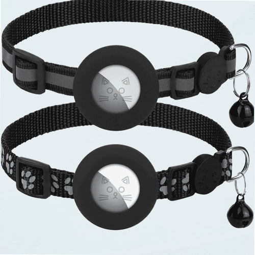 2 Pack Airtag Cat Collars, Reflective Cat Collar with Silicone Airtag Holder and Bell, Breakaway Cat Collars with Round Safety Buckle for Boy and Girl Cats, Adjustable for 7.5-12.5", Black