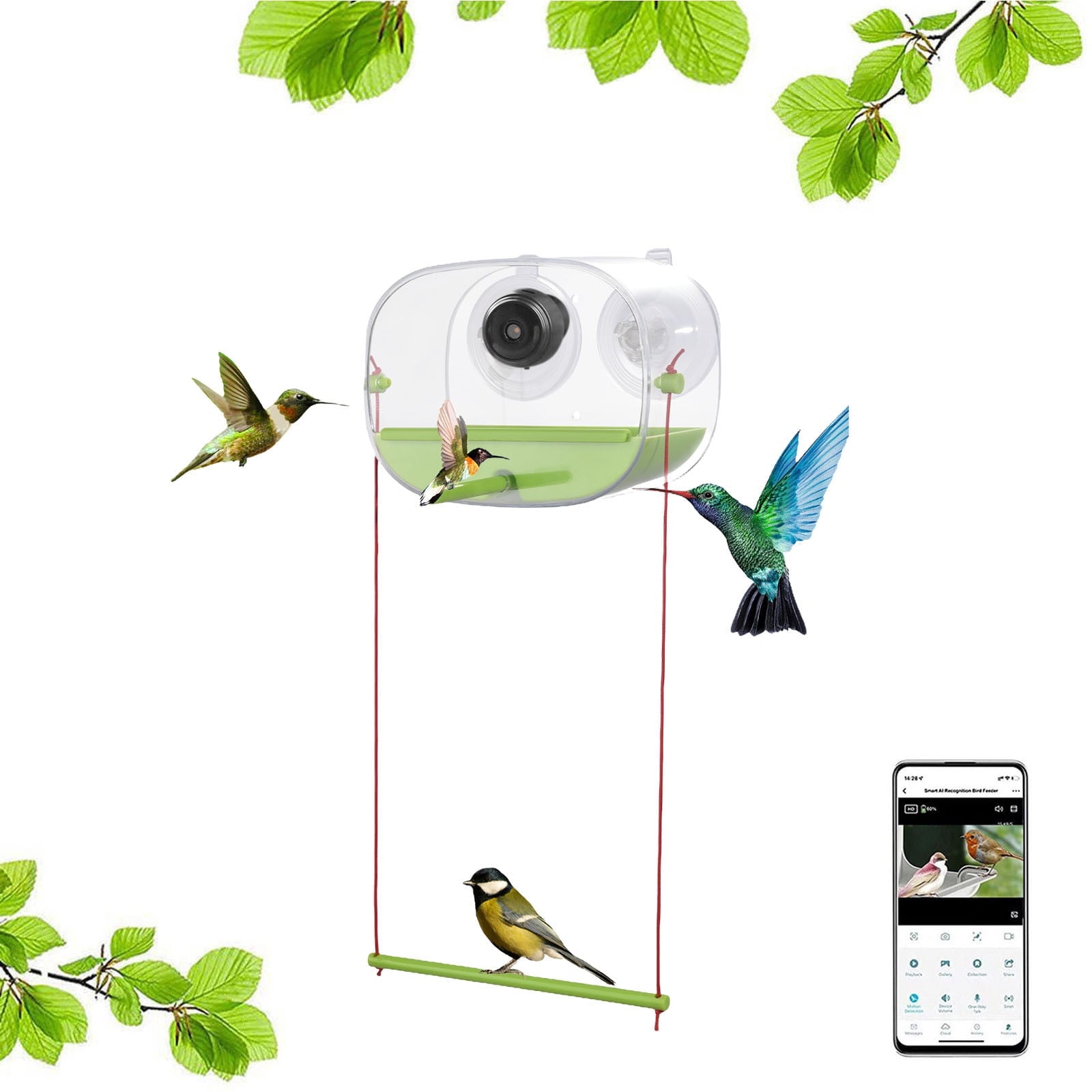 Bird Feeder with 1080P HD Night Vision WiFi Camera | Remote Mobile Access | Built-in Microphone | 170掳 Wide Angle | Motion Detection | for Outdoor Bird Watching | 16x12cm | Suction Cup & Hanging