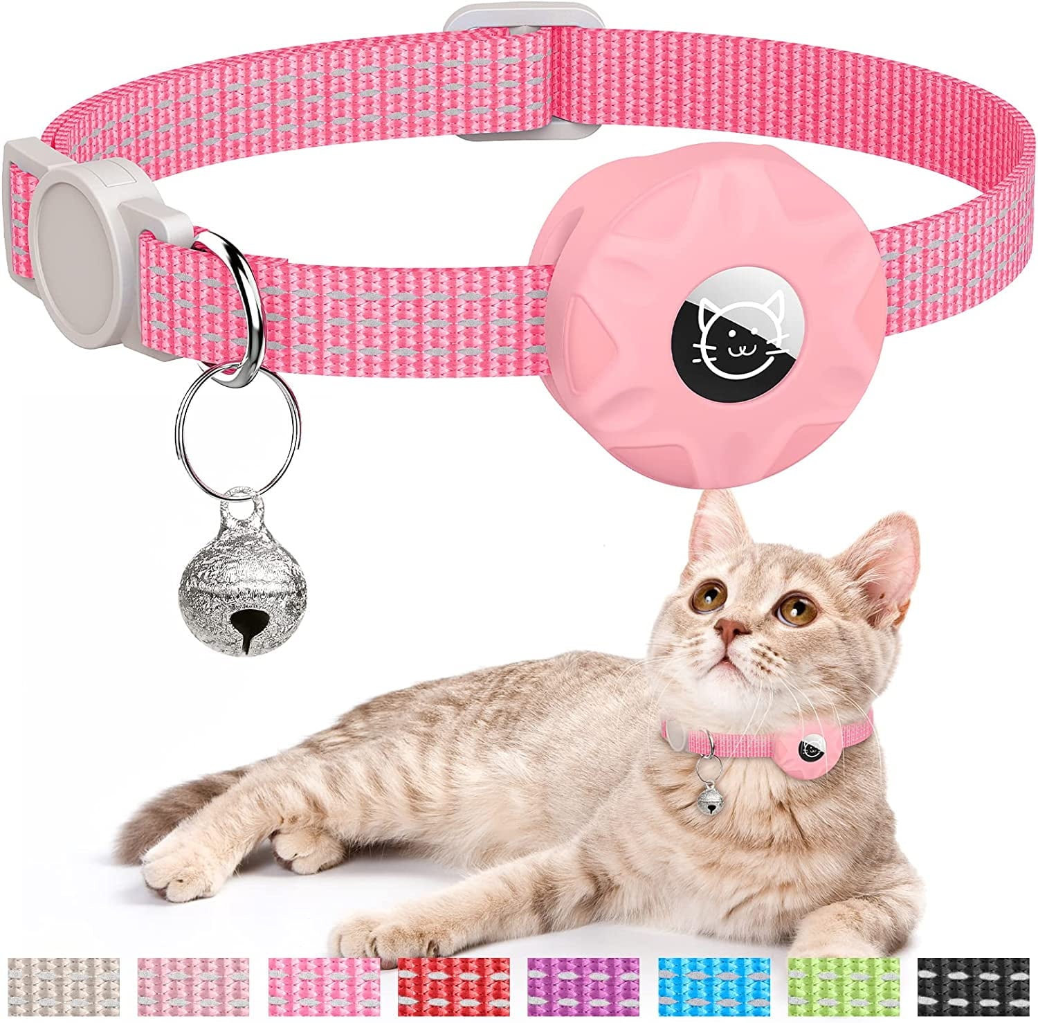 AirTag Cat Collar, Reflective Kitten Collar Breakaway Apple Air Tag Cat Collar, GPS Cat Collar with AirTag Holder and Bell, Lightweight Tracker Cat Collars for Girl Boy Cats Kittens Puppies(Pink)