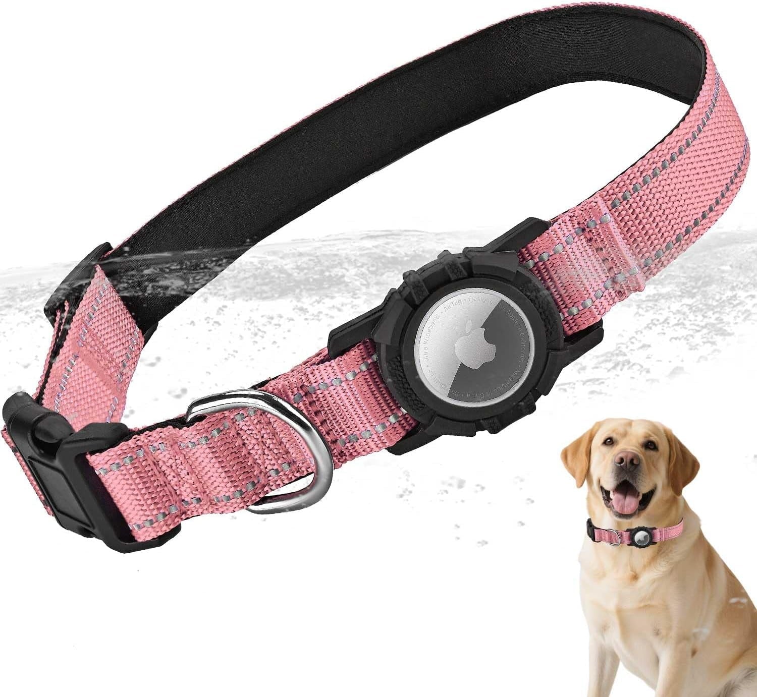 Airtag Dog Collar with Waterproof Air Tag Holder, Integrated Reflective Pet Collar with Soft Padding, Adjustable Nylon Collar for Small Medium Large Dogs, Black,L (16.1"-23.6")