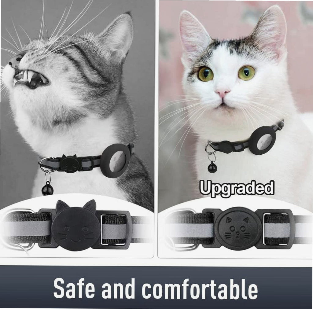 2 Pack Airtag Cat Collars, Reflective Cat Collar with Silicone Airtag Holder and Bell, Breakaway Cat Collars with Round Safety Buckle for Boy and Girl Cats, Adjustable for 7.5-12.5", Black